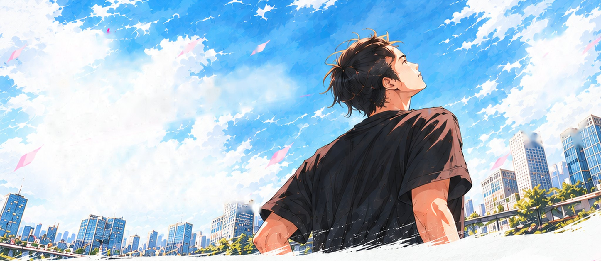 青空と高層ビルを見上げる青年のイラスト