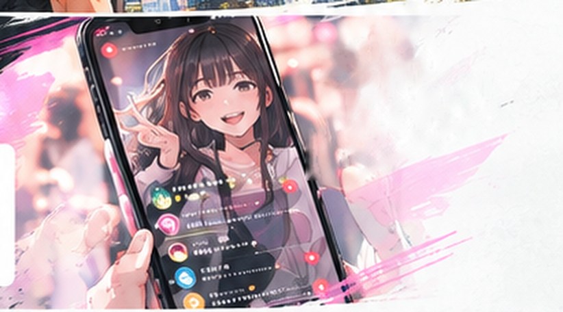 スマートフォンでライブ配信する女性ライバーのイラスト